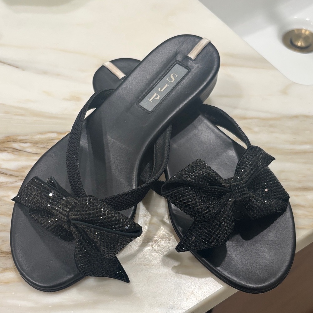 SJP by Sarah Jessica Parker Black Glitter Bow Slide Sandals